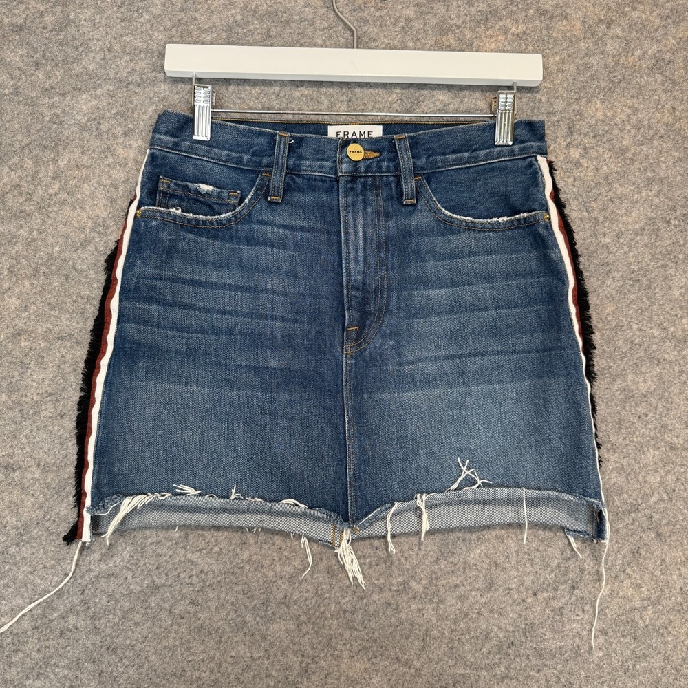 Frame Denim Le Mini Skirt Womens 27 Side Stripe‎ Blue Red Jean Raw Hem Stagger